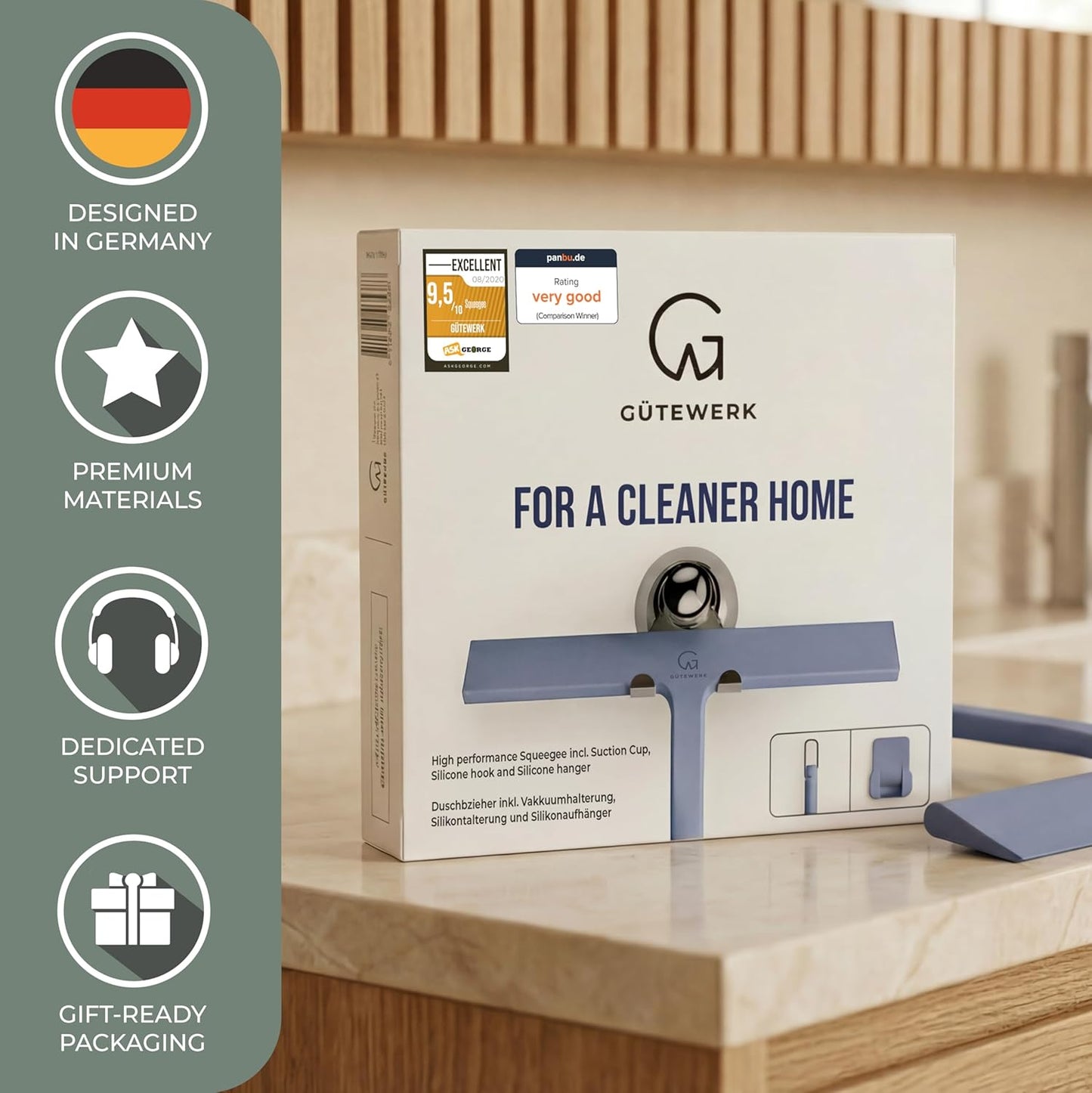 GÜTEWERK Silicone Shower Squeegee for Glass Doors & Mirrors with Stainless Steel Core, Streak-Free & No-Squeak Window Cleaning, 3-in-1 No-Drill Mount (Hook/Suction/Adhesive),White, 9 Inches