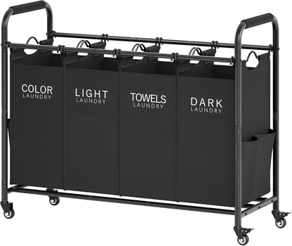 Tajsoon 4 Bag Laundry Sorter Cart, 4 Section Laundry Hamper Sorter with Heavy Duty Lockable Rolling Wheels, Laundry Separator Hamper with Removable Bags for Dirty Clothes Storage, Black