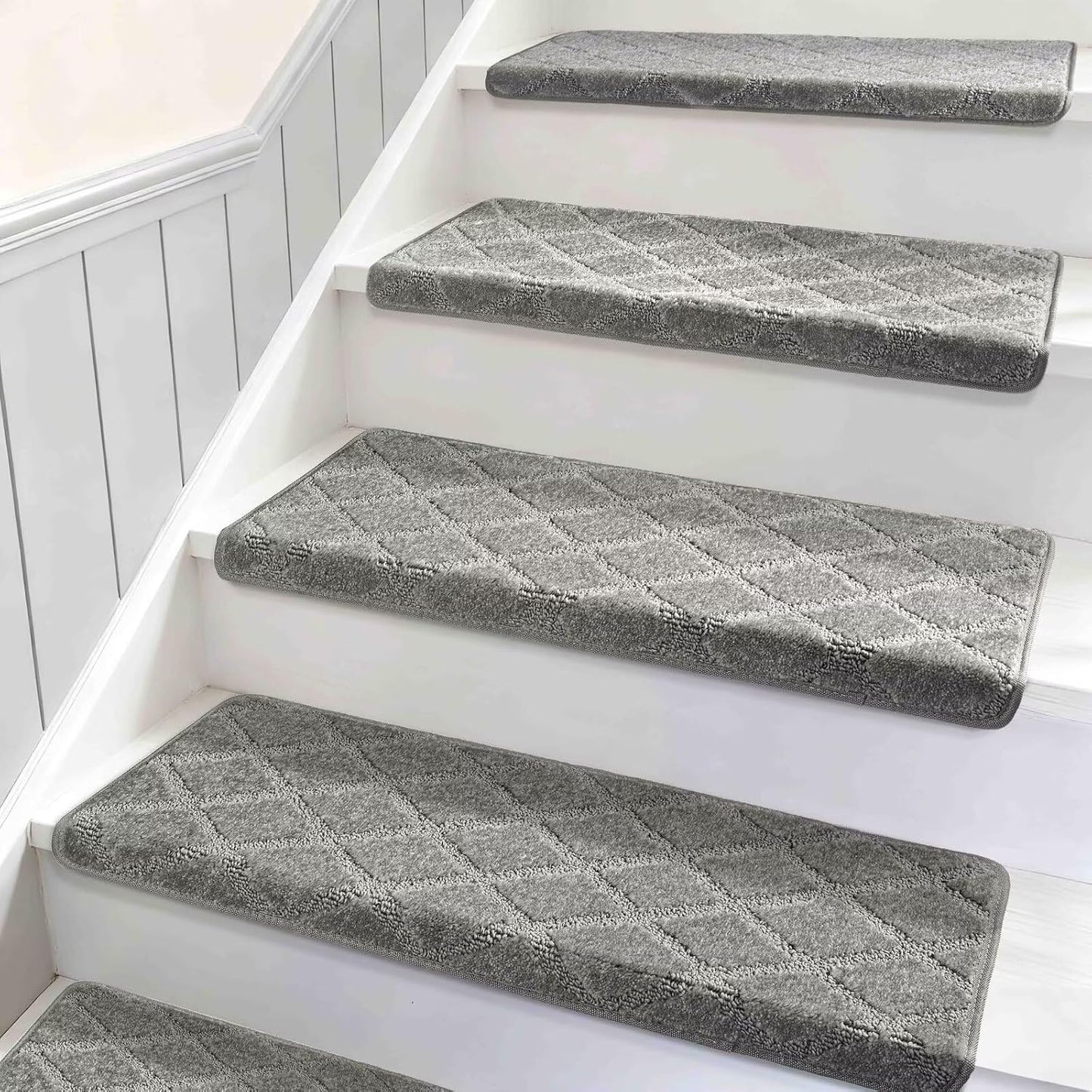 DEXDE Bullnose Stair Treads for Wooden Steps Non-Slip Stair Runner, 14 Pcs | Reusable bullnose carpet Stair Treads Indoor, Peel and Stick Stair Rugs with Edge Protection, Soft Washable, 30"x9.5" Grey