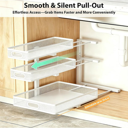 2 Pack Under Sink Organizer, 3-Tier Pull Out Kitchen Cabinet Organizer with 5 Adjustable Heights Metal Slide Out Bathroom Storage Makeup Drawer Rack for Bedroom Office Pantry Home Organization, White