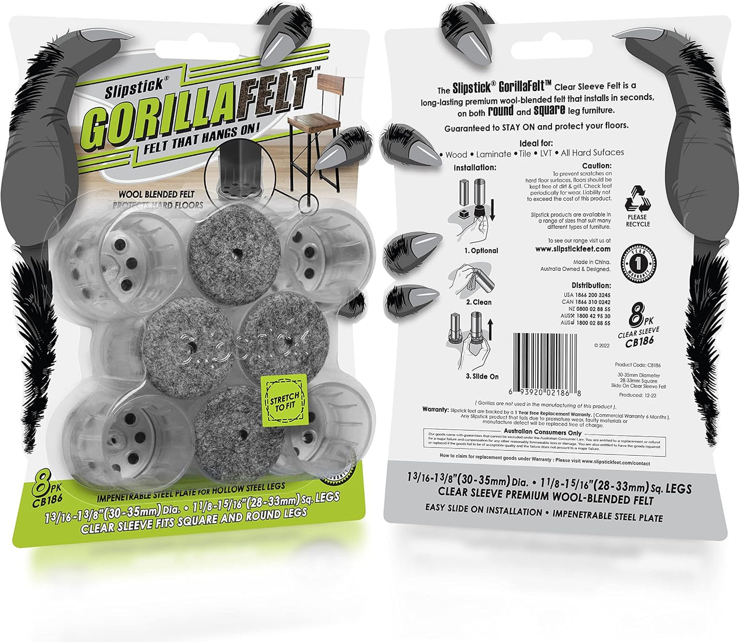 GorillaFelt Chair Leg Floor Protectors/Felt Chair Glides (Set of 16) Tap-On Felt Furniture Pads Guaranteed to Stay On, 1 Inch Round Chair Sliders