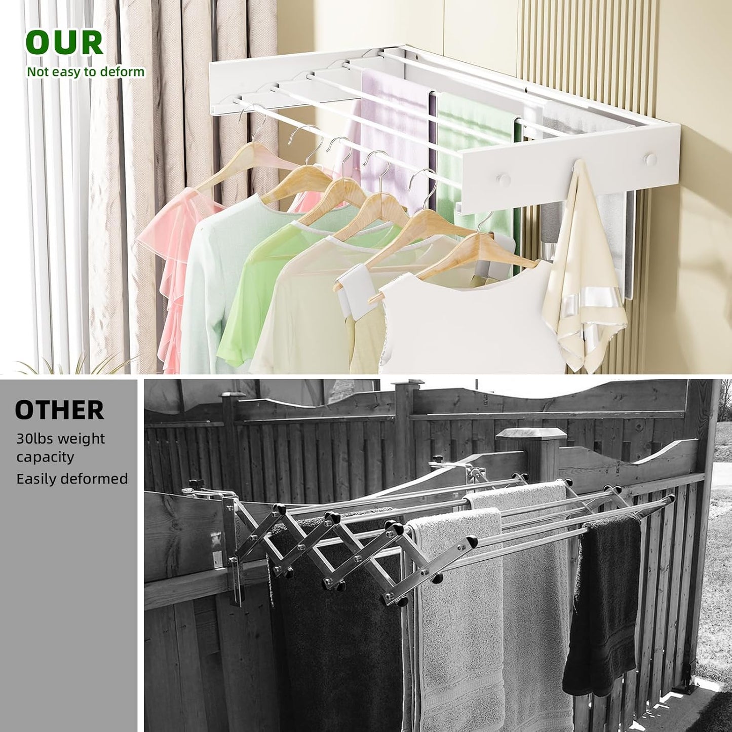 Wall Mounted Drying Rack 23.6'', Foldable Laundry Drying Rack Wall Mount with 4 Towel Hooks and 4 Rods, Space Saving Drying Rack Clothing for Indoor Outdoor Bathroom Balcony (White, 23.6'')