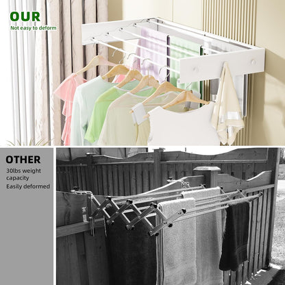 Wall Mounted Drying Rack 23.6'', Foldable Laundry Drying Rack Wall Mount with 4 Towel Hooks and 4 Rods, Space Saving Drying Rack Clothing for Indoor Outdoor Bathroom Balcony (White, 23.6'')