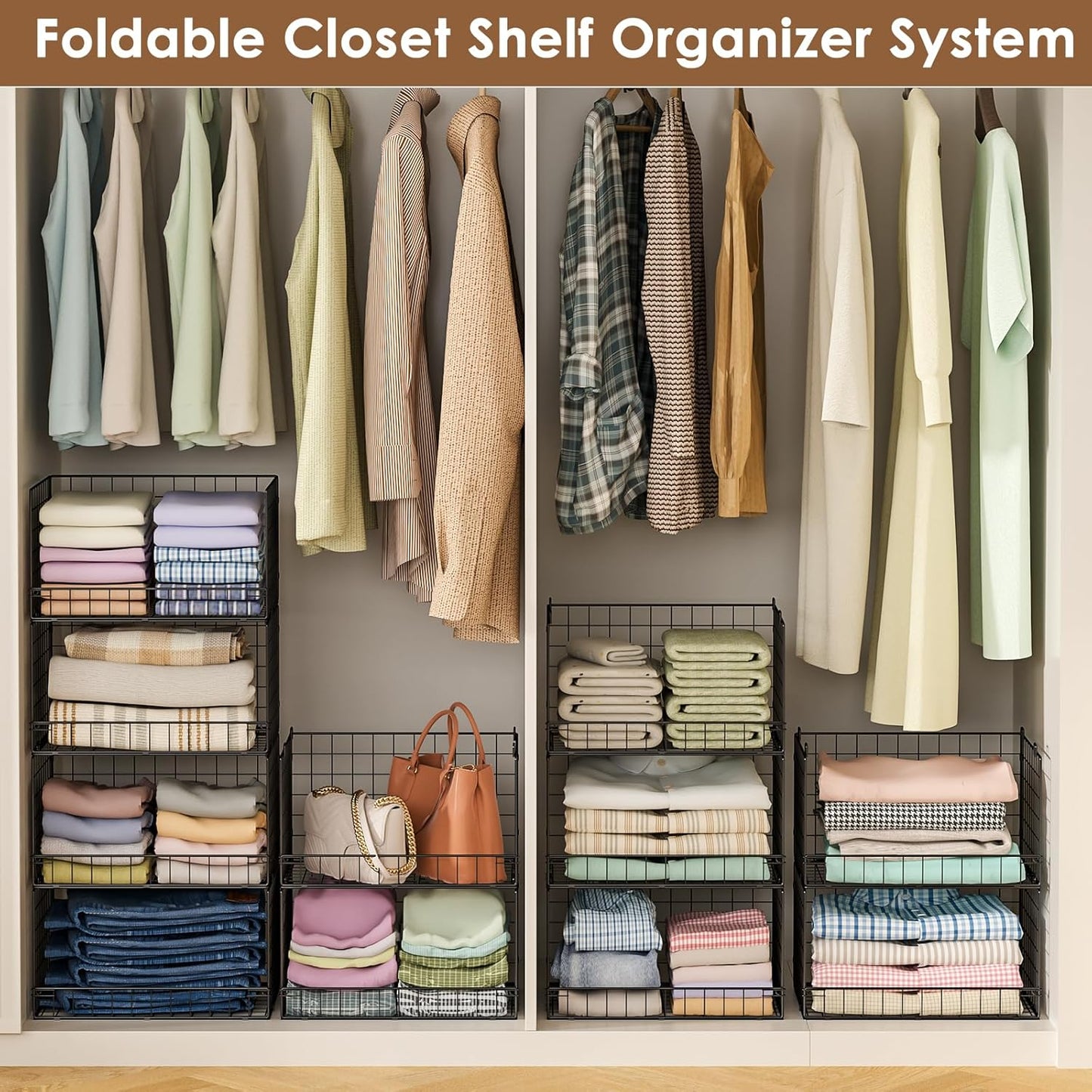 Yociyoga 4-Tier Stackable Closet Organizers and Storage Shelves, Foldable Closet Shelf Organizer, Black(Patent Protection)(Patent No. 30022416)