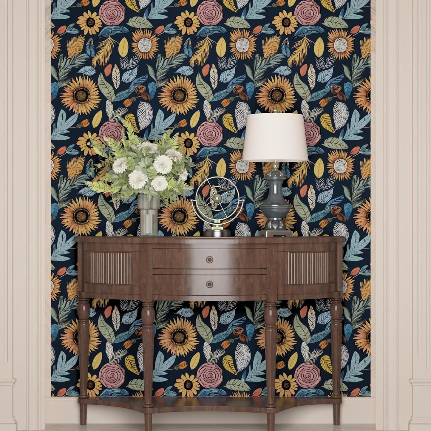 Blue Wallpaper Peel and Stick,Vintage Boho Floral Contact Paper 17.5" x 118", Retro Botanical Flower Wall Paper Self Adhesive Removable Waterproof for Walls Shelves Cabinet Table (Blue,Yellow, Green)