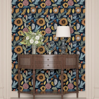 Blue Wallpaper Peel and Stick,Vintage Boho Floral Contact Paper 17.5" x 118", Retro Botanical Flower Wall Paper Self Adhesive Removable Waterproof for Walls Shelves Cabinet Table (Blue,Yellow, Green)