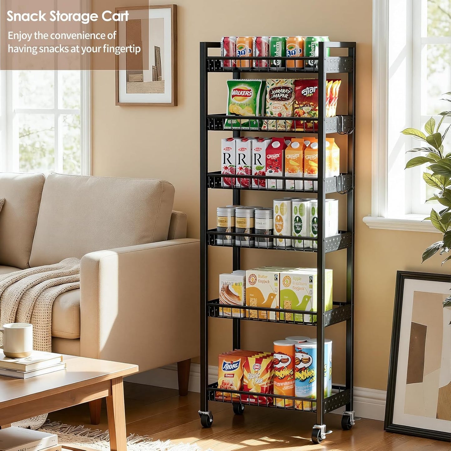 Slim Storage Rolling Cart, 4 Tier Narrow Cart with Wheels, Metal Kitchen Rolling Cart for Small Spaces, Slide Out Storage Shelves for Kitchen, Laundry Room, Bathroom, Living Room, 7.1in(W)