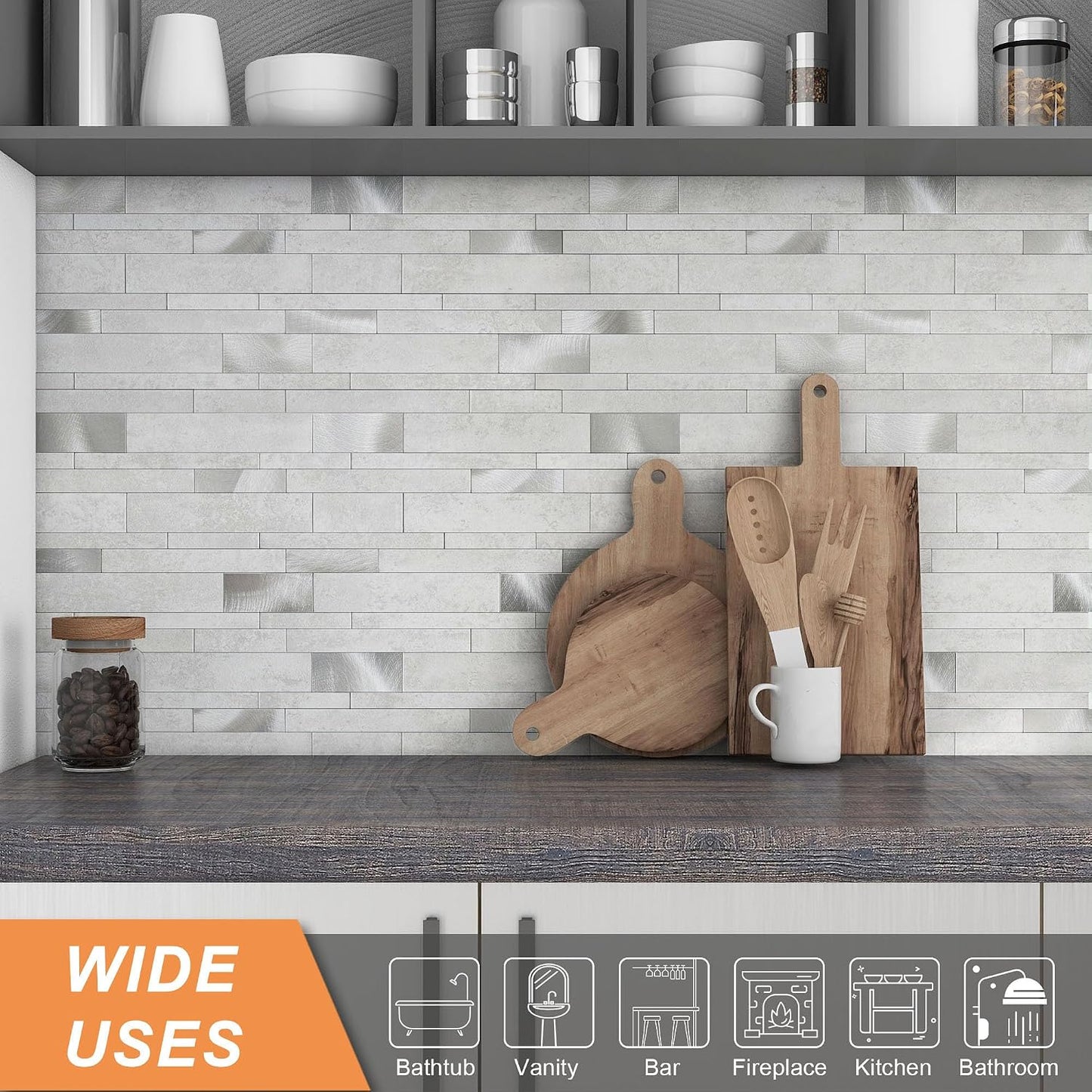VAOVI Backsplash Tile Peel and Stick Kitchen Stone Subway Linear Mosaic Bathroom Shower Wall Waterproof(10pcs,Gray)
