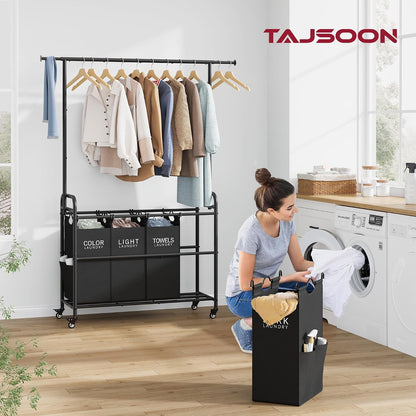 Tajsoon Laundry Hamper with Hanging Rack, 3 Section Laundry Sorter with Heavy Duty Lockable Wheels, Laundry Basket Organizer for Dirty Clothes Storage, 3 Beige