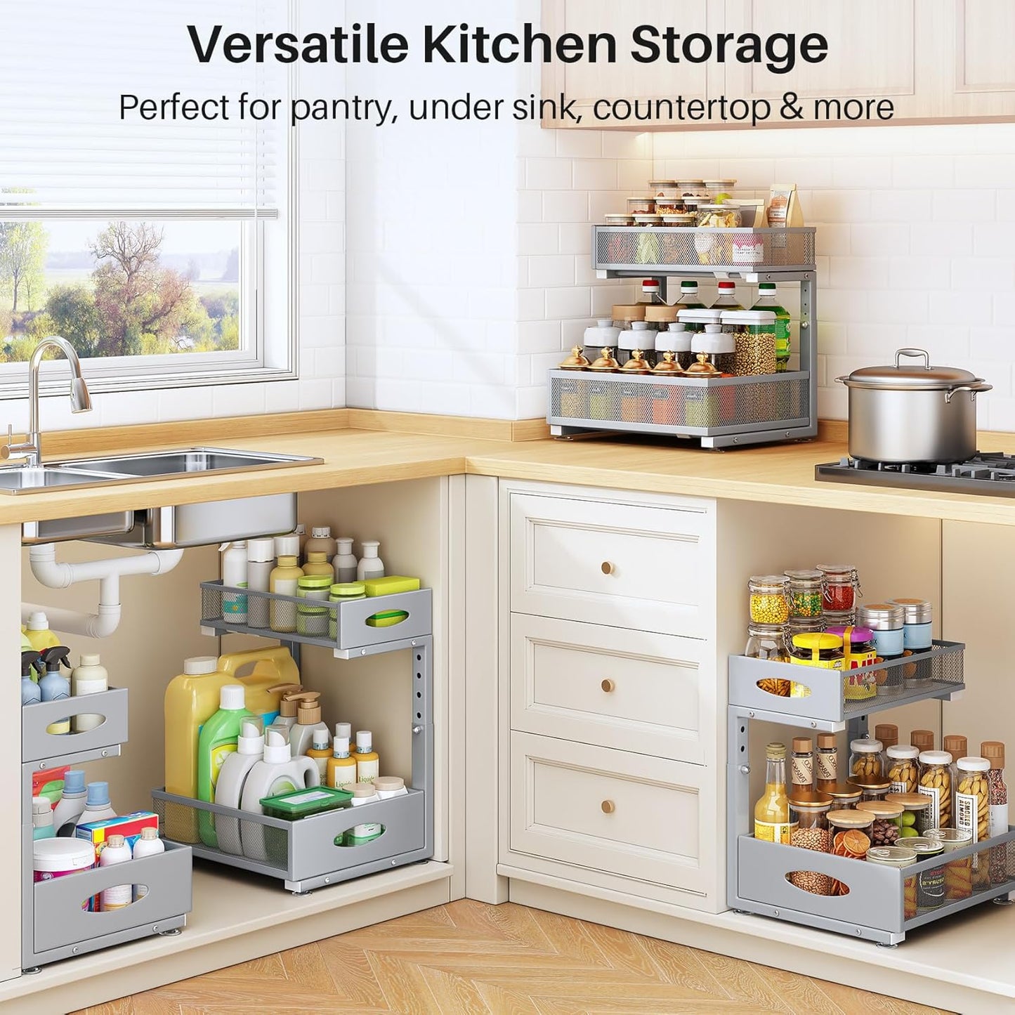 Under Sink Organizer, 2 Pack 2 Tier Pull Out Under Cabinet Organizer Shelf with Pad for Framed Cabinets, Metal Slide Out Under Sink Storage, Mesh Sliding Drawers for Kitchen Bathroom Laundry, Black