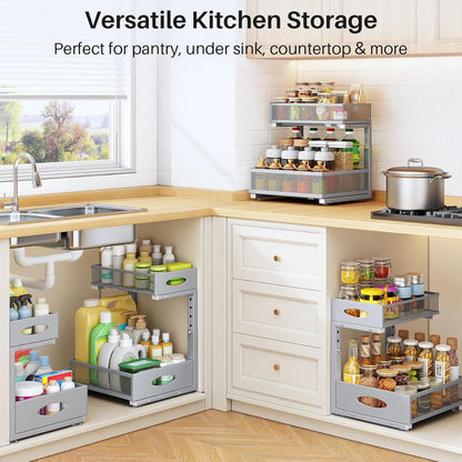 Under Sink Organizer, 2 Pack 2 Tier Pull Out Under Cabinet Organizer Shelf with Pad for Framed Cabinets, Metal Slide Out Under Sink Storage, Mesh Sliding Drawers for Kitchen Bathroom Laundry, Black