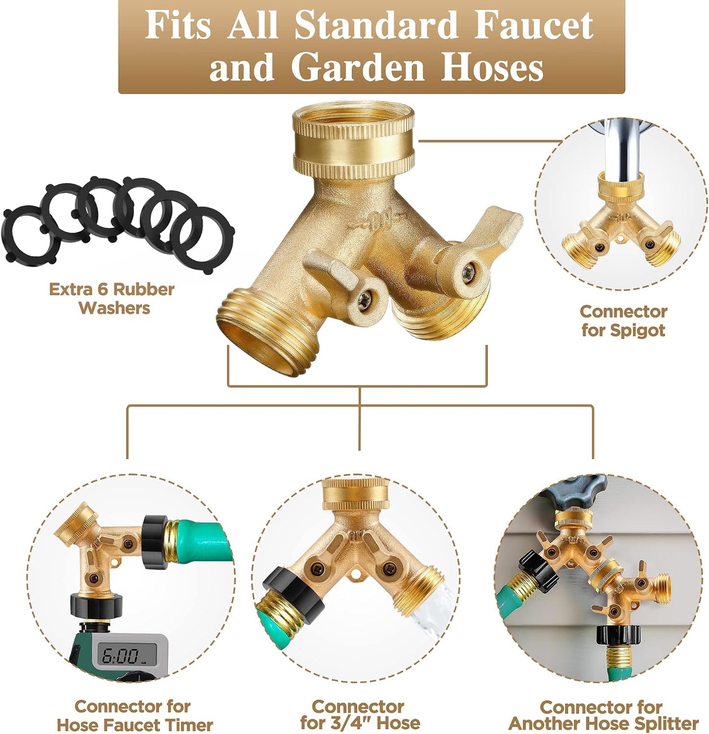IPOW Solid Brass Body Backyard 2 Way Heavy Duty Y Valve Garden Hose Connector Splitter Adapter + 4 Rubber Hose Washers with Comfort Grip Use, 2 Pack
