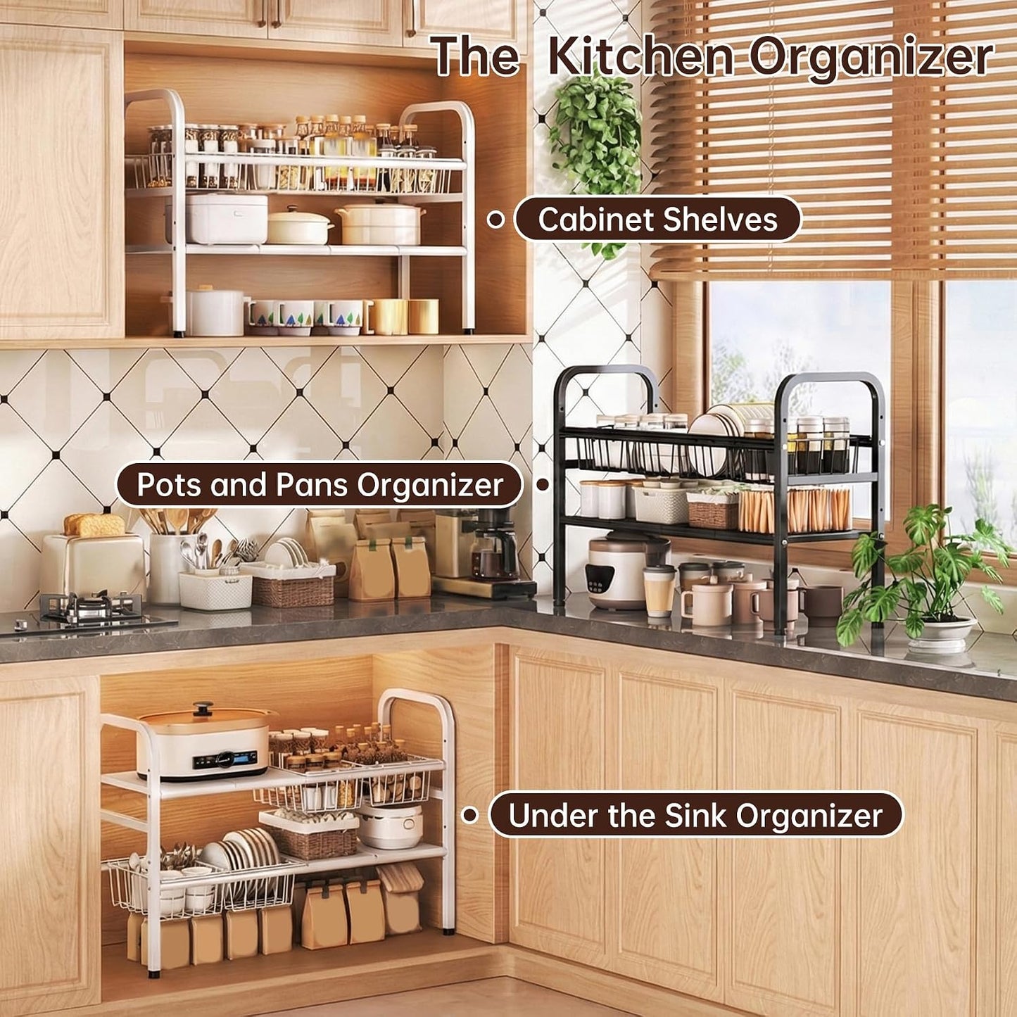 2 Tier Under Sink Organizer Expandable Length/Height Adjustable Heavy | Length/height adjustable fits any cabinet, 4 removable shelves/baskets, anti-wobble feet, for kitchen/bathroom/laundry