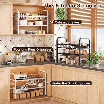 2 Tier Under Sink Organizer Expandable Length/Height Adjustable Heavy | Length/height adjustable fits any cabinet, 4 removable shelves/baskets, anti-wobble feet, for kitchen/bathroom/laundry