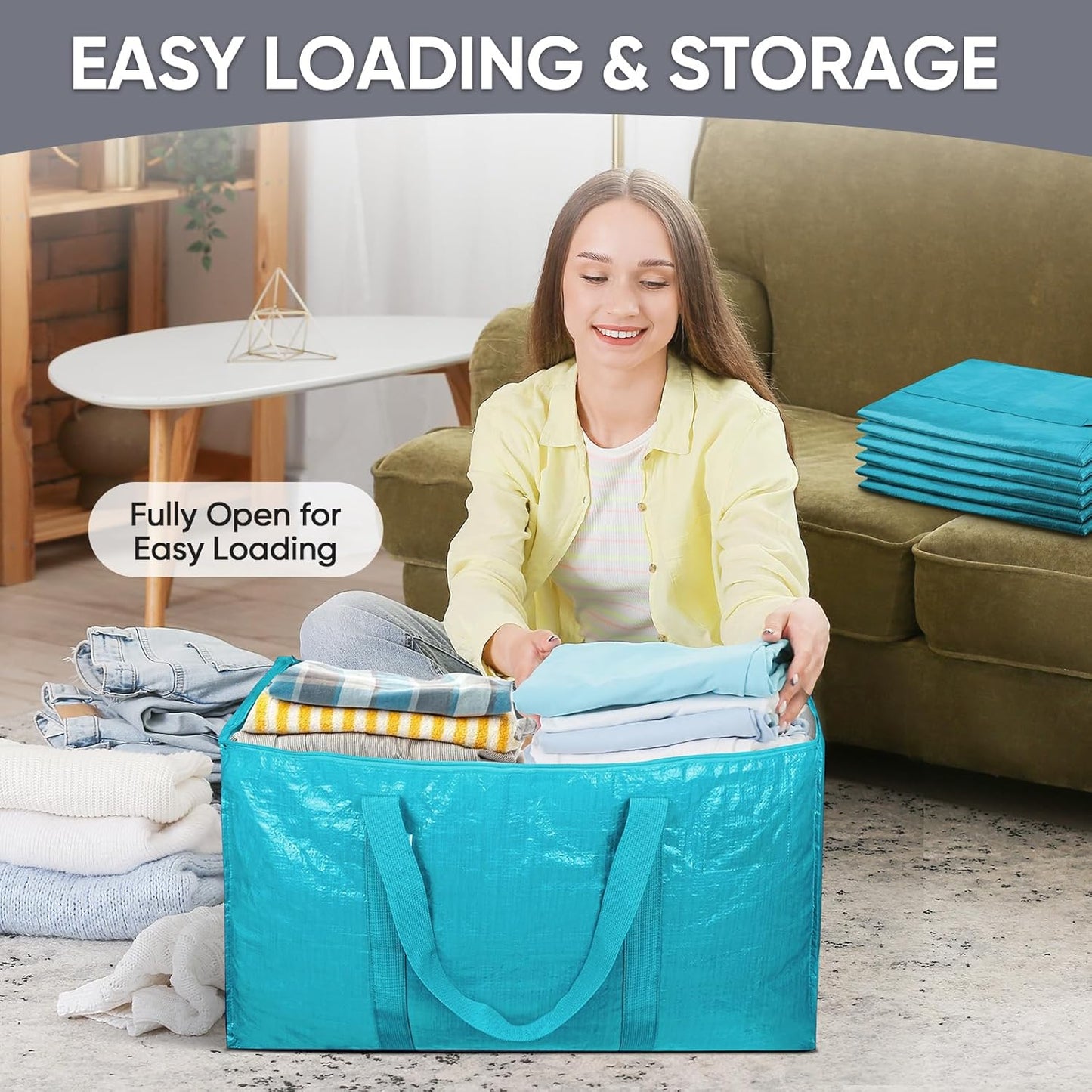 TICONN 4 Pack Extra Large Moving Bags Heavy Duty with Zippers & Carrying Handles, Durable Storage Bags Moving Boxes for Closet Organizers and Storage (4 Pack, Blue)