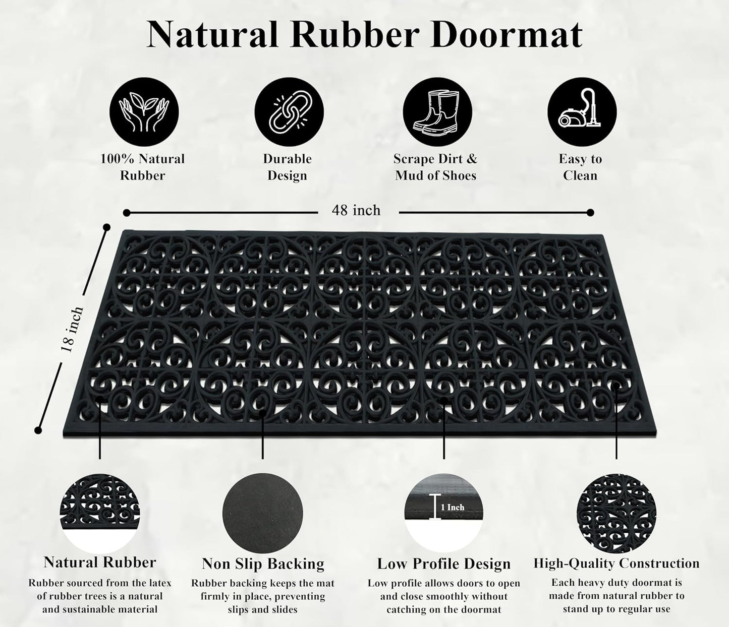 A1HC Outdoor Doormat, Natural Rubber, 18" x48”, Ideal for Outside entryway,Dirt Shoe Scraper,Heavy Duty Door mat for Indoor Outdoor,Rug Mats for Entry,Patio, Welcome Mats