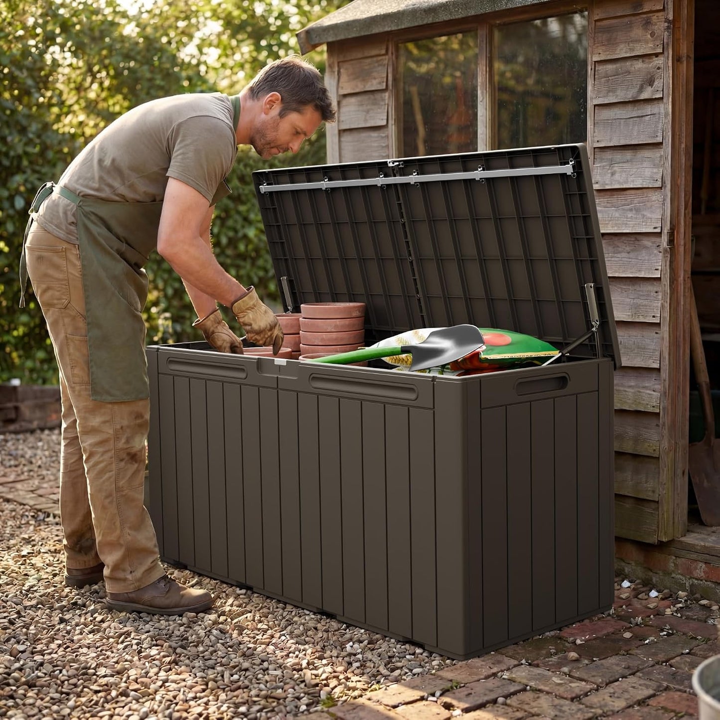 Greesum 110 Gallon Outdoor Storage Box with Lockable Lid, All-Weather for Patio Furniture, Pool Supplies & Garden Tools, Waterproof, UV-Resistant Large Deck Box, Dark Black