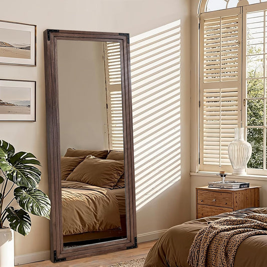 Full Length Mirror 65"x24" Solid Wood Frame Floor Standing Mirror, Hanging or Leaning Wall-Mounted for Living Room, Bedroom, Oak Color