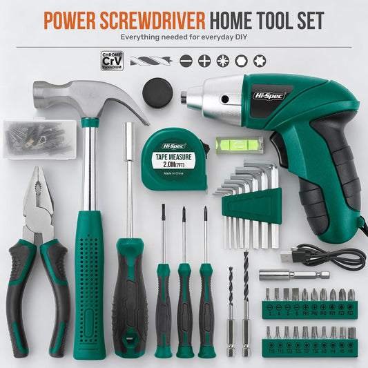 Hi-Spec 4V Electric Screwdriver Tool Kit Set. Cordless USB Rechargeable Screwdriver with Home Repair Tools. 42pc Compact Portable Case, DIY Kit for Beginners and the Household - Green
