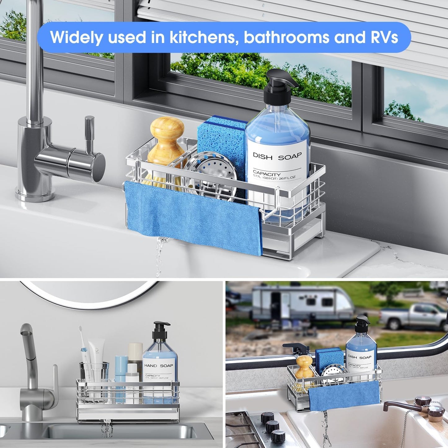 Kitchen Sink Sponge Holder, Rustproof Non-Slip Self-Draining Metal Sink Caddy with Detachable Dish Cloth Holder (Black)