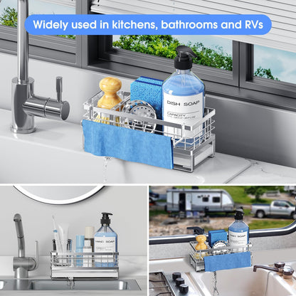 Kitchen Sink Sponge Holder, Rustproof Non-Slip Self-Draining Metal Sink Caddy with Detachable Dish Cloth Holder (Black)
