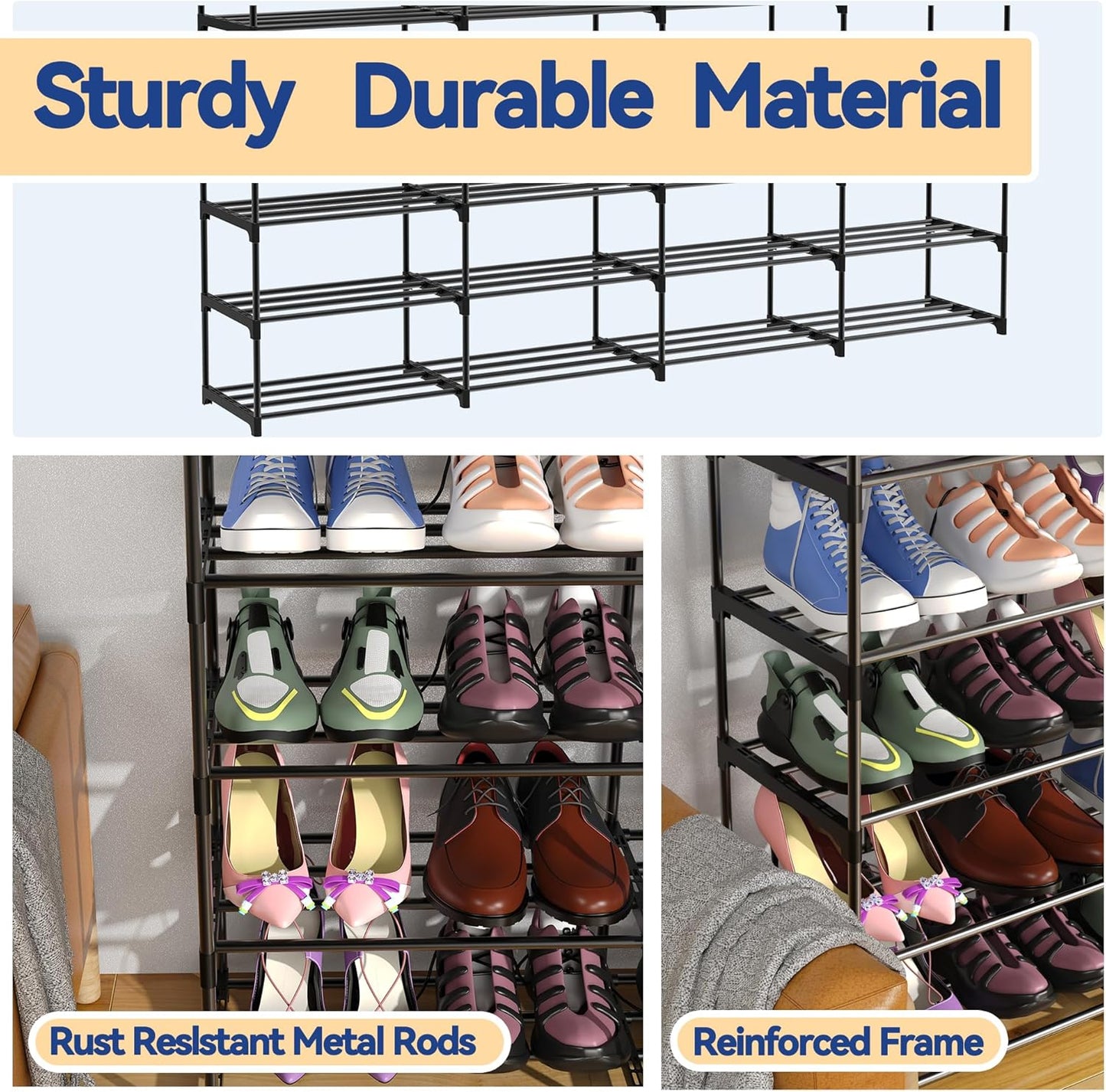 3 Row 4 Tier Long Shoe Rack, Black Metal Stackable Shoe Shelf with Multifunctional Hooks, Shoe Storage Hold 24-30 Pairs, Space Saving Shoe Organizer for Closet,Wide Shoe Rack