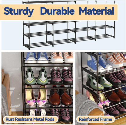 3 Row 4 Tier Long Shoe Rack, Black Metal Stackable Shoe Shelf with Multifunctional Hooks, Shoe Storage Hold 24-30 Pairs, Space Saving Shoe Organizer for Closet,Wide Shoe Rack
