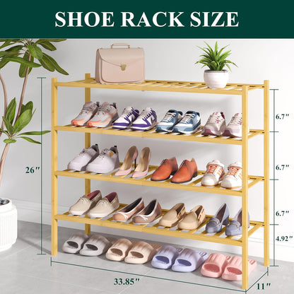 Smiry Bamboo Shoe Rack for Closet, 3 Tier Wooden Shoe Organizer, Stackable Wood Shoe Storage Shelf for Entryway, 14 Vertical Slats, One-piece Heavy-Duty Legs, 26.77"x11.02"x18.31", Natural