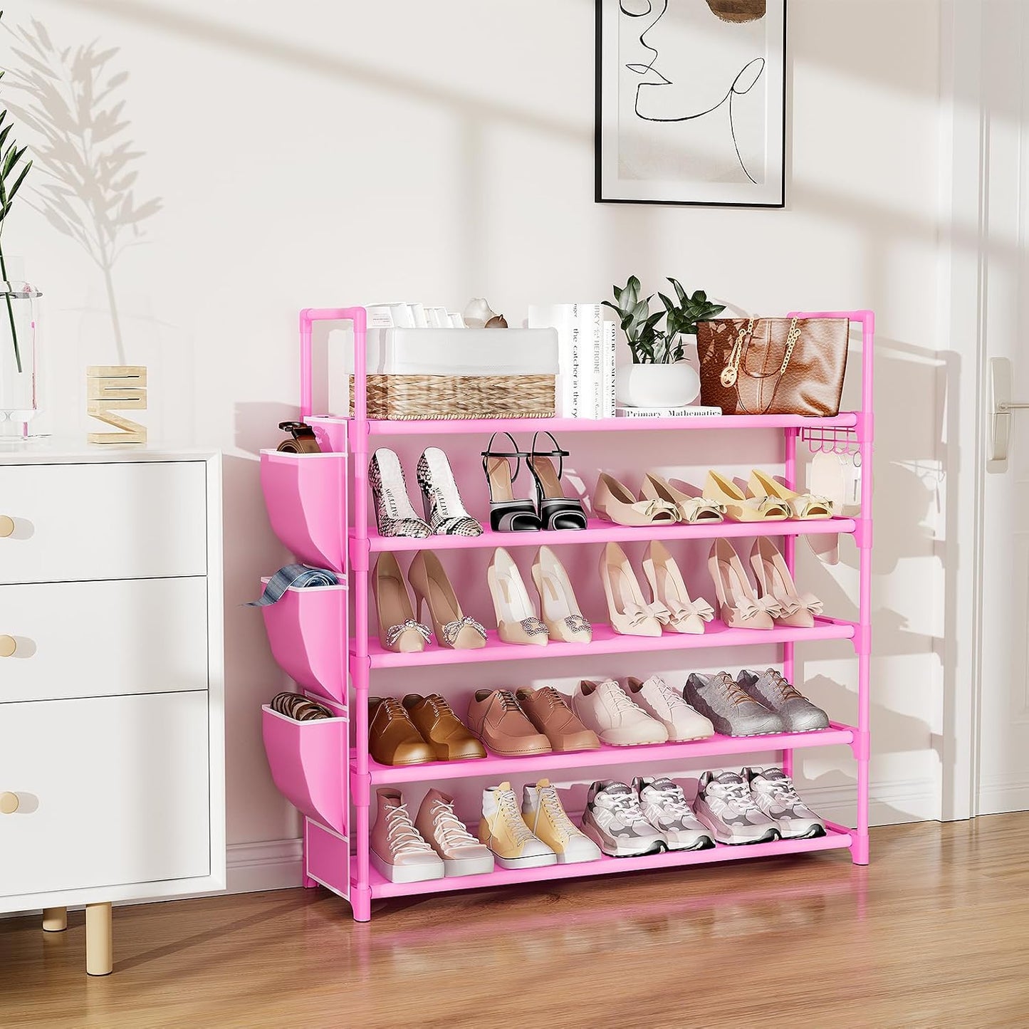 VILICK 5 Tier Shoe Rack with Hook and Side Pocket,Shoe Organizer Space Saver Storage for 20-25 Pair Shoe Storage Shelf Sturdy Free Standing Long Shoe Rack Organizer for Closet,Entryway,Small Spaces