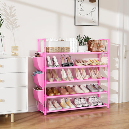 VILICK 5 Tier Shoe Rack with Hook and Side Pocket,Shoe Organizer Space Saver Storage for 20-25 Pair Shoe Storage Shelf Sturdy Free Standing Long Shoe Rack Organizer for Closet,Entryway,Small Spaces