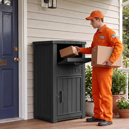 Outdoor Storage Box, 90 Gallon Package Delivery Boxes for Outside, with Lockable Secure, Deck Box Outdoor Waterproof for Entryway, Front Porch, Backyard, Garden, Patio, Lawn, Black