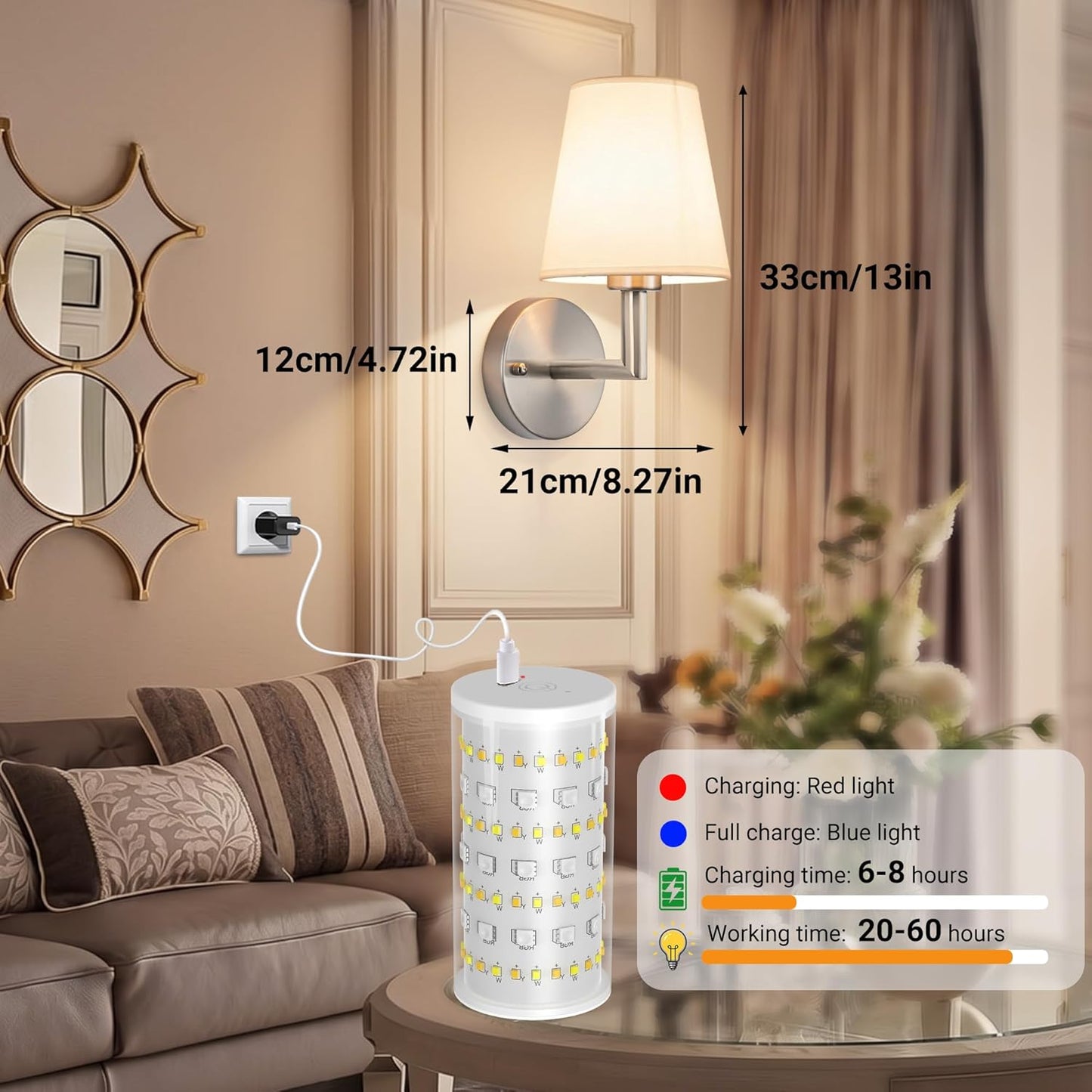 Nekhung Battery Operated Wall Sconces Set of Two, Wireless Battery Wall Light with 10000mAh RGB Dimmable Magnetic Bulb and Remote, Rechargeable Sconce Wall Decor for Bedroom Living Room Hallway