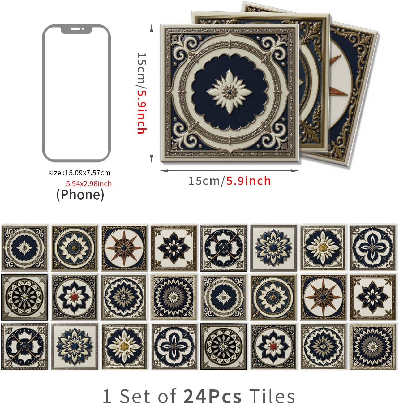 Peel and Stick Backsplash Tile Sticker for Kitchen and Bathroom Walls - 24 Removable 5.9"x5.9" Tiles, Waterproof