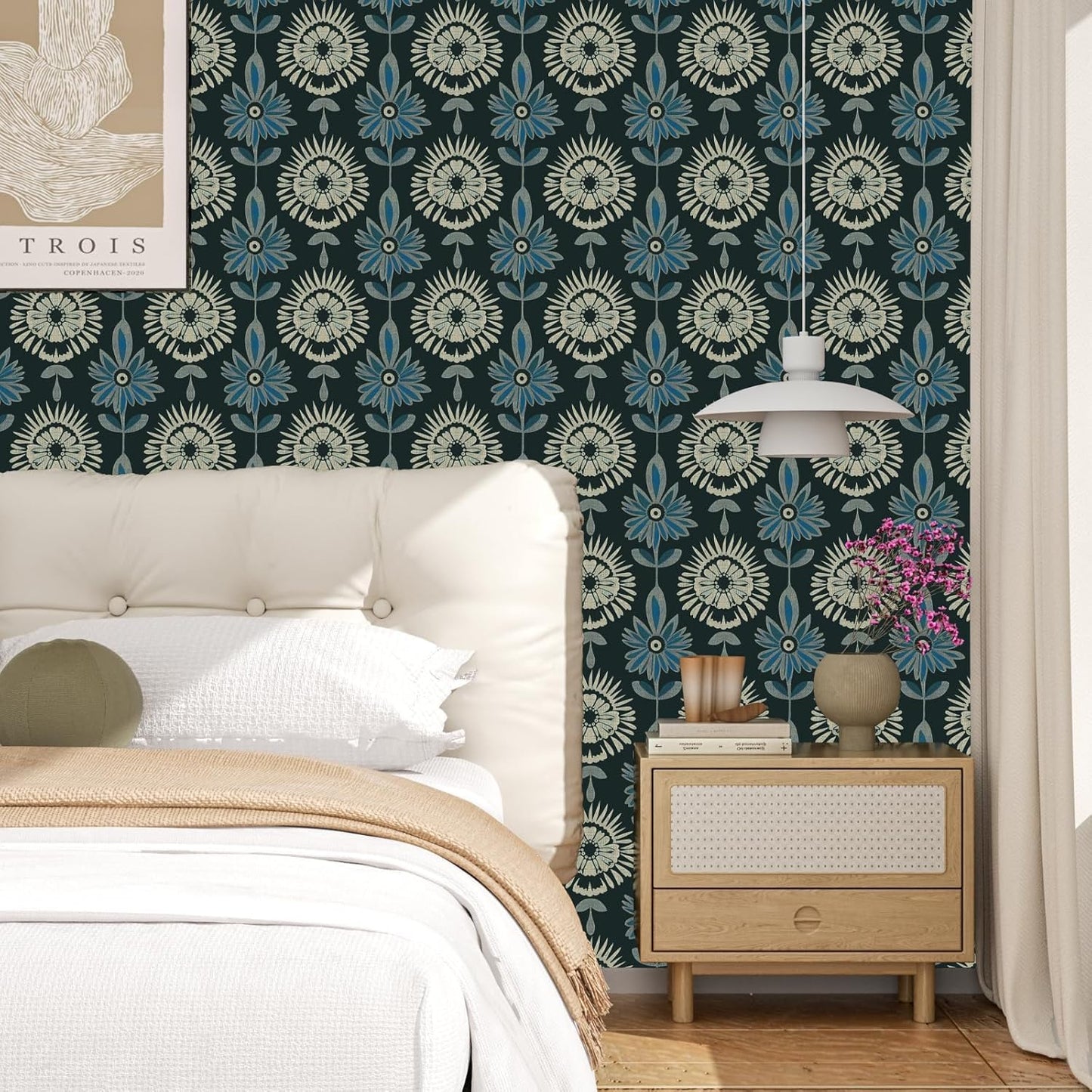 BOKEBEVE Leaves Contact Paper Floral Wallpaper Stick and Peel Boho Damask Wall Paper for Liner Drawer Cabinet Backsplash Renter Friendly Waterproof 17.5 x 118In