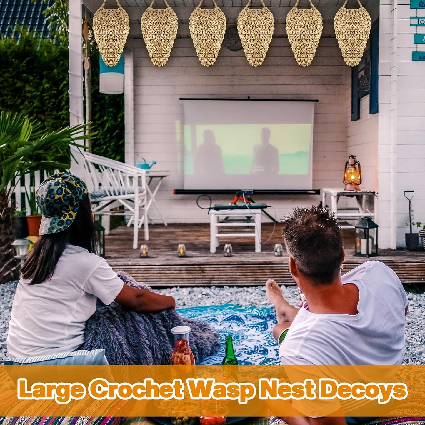 Qualirey 4 Pcs Large Crochet Fake Wasp Nest 7.9×12.6" Hanging Fake Wasp Nest Deterrent Outdoor Crochet Hornet Decoys for Patio Garden Yard Eaves Uses