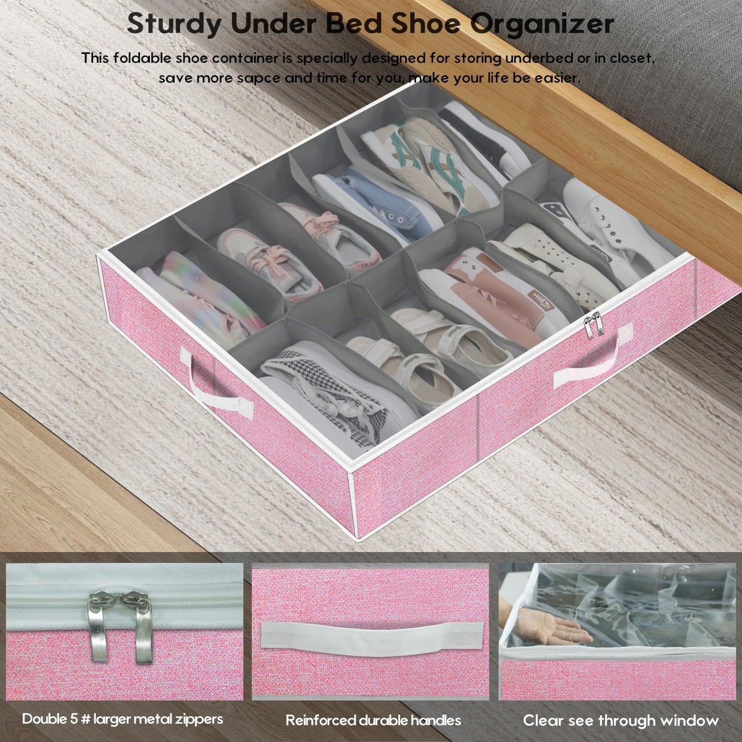 Onlyeasy Sturdy Under Bed Shoe Storage Organizer, Set of 2, Fit 12 to 24 Pairs, Underbed Shoes Closet Storage Solution with Clear Window, Breathable, L29.3 x W23.6 x H5.9, Linen-like Black, MXAUBSB2P