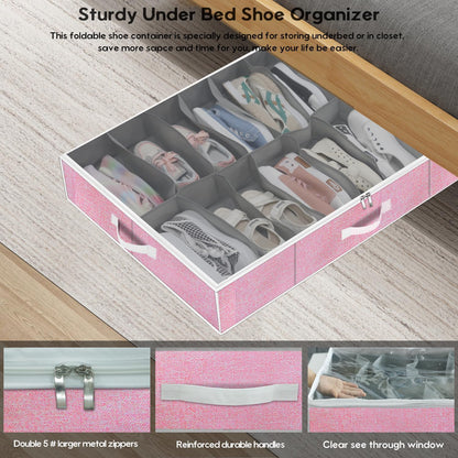 Onlyeasy Sturdy Under Bed Shoe Storage Organizer, Set of 2, Fit 12 to 24 Pairs, Underbed Shoes Closet Storage Solution with Clear Window, Breathable, L29.3 x W23.6 x H5.9, Linen-like Black, MXAUBSB2P