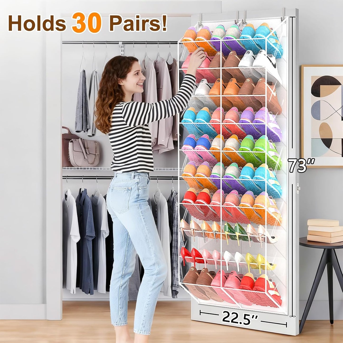 UVIAHOMI 20-30 Pairs Over the Door Shoe Organizer, Clear Pockets Hanging Shoe Storage for Closet, 10-Tier Door Shoes Rack, Handing Shoes Holder Fit All the Family's Sneakers, Boots, Heels, White