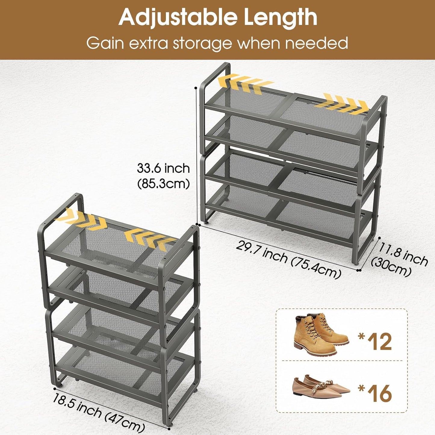 SAYZH Expandable Shoe Rack for Closet, Adjustable Metal Shoe Organizer with Sturdy Mesh Shelves for Boots & Heels, Stackable Shoe Storage for Entryway, Garage, Small Spaces (Black, 2-Tier)