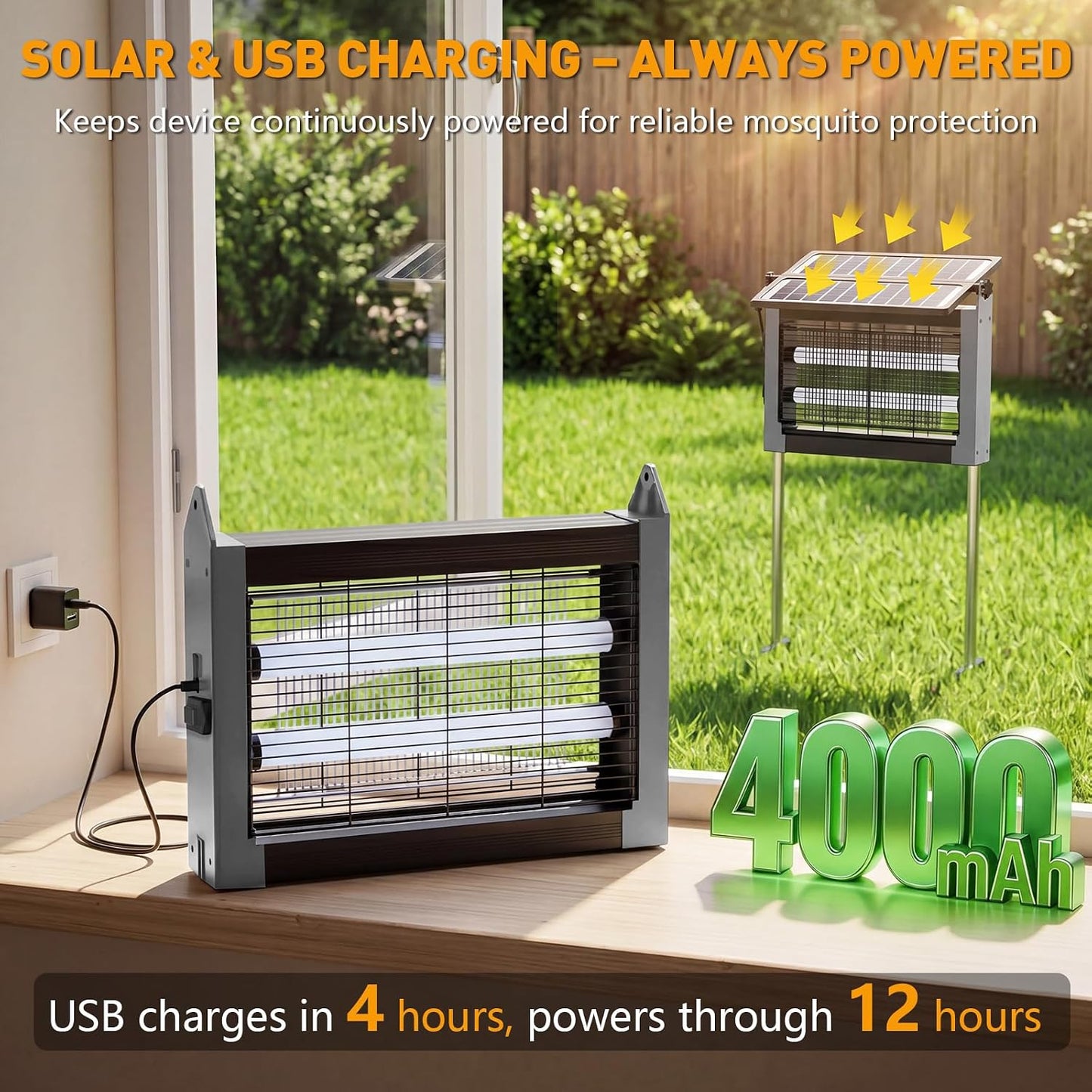 Solar Bug Zapper Outdoor, 4500V Solar Mosquito Zapper with Dual Solar Panels, 1/2 Acre Coverage Cordless Rechargeable Electric Fly Zapper, IPX5 Waterproof Mosquito Traps for Backyard, Patio, Camping