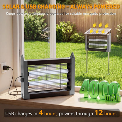 Solar Bug Zapper Outdoor, 4500V Solar Mosquito Zapper with Dual Solar Panels, 1/2 Acre Coverage Cordless Rechargeable Electric Fly Zapper, IPX5 Waterproof Mosquito Traps for Backyard, Patio, Camping