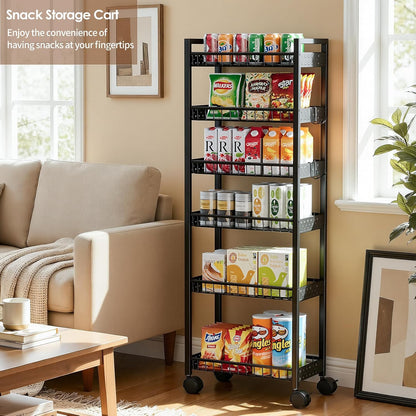 Slim Storage Rolling Cart, 4 Tier Narrow Cart with Wheels, Metal Kitchen Rolling Cart for Small Spaces, Slide Out Storage Shelves for Kitchen, Laundry Room, Bathroom, Living Room, 7.1in(W)