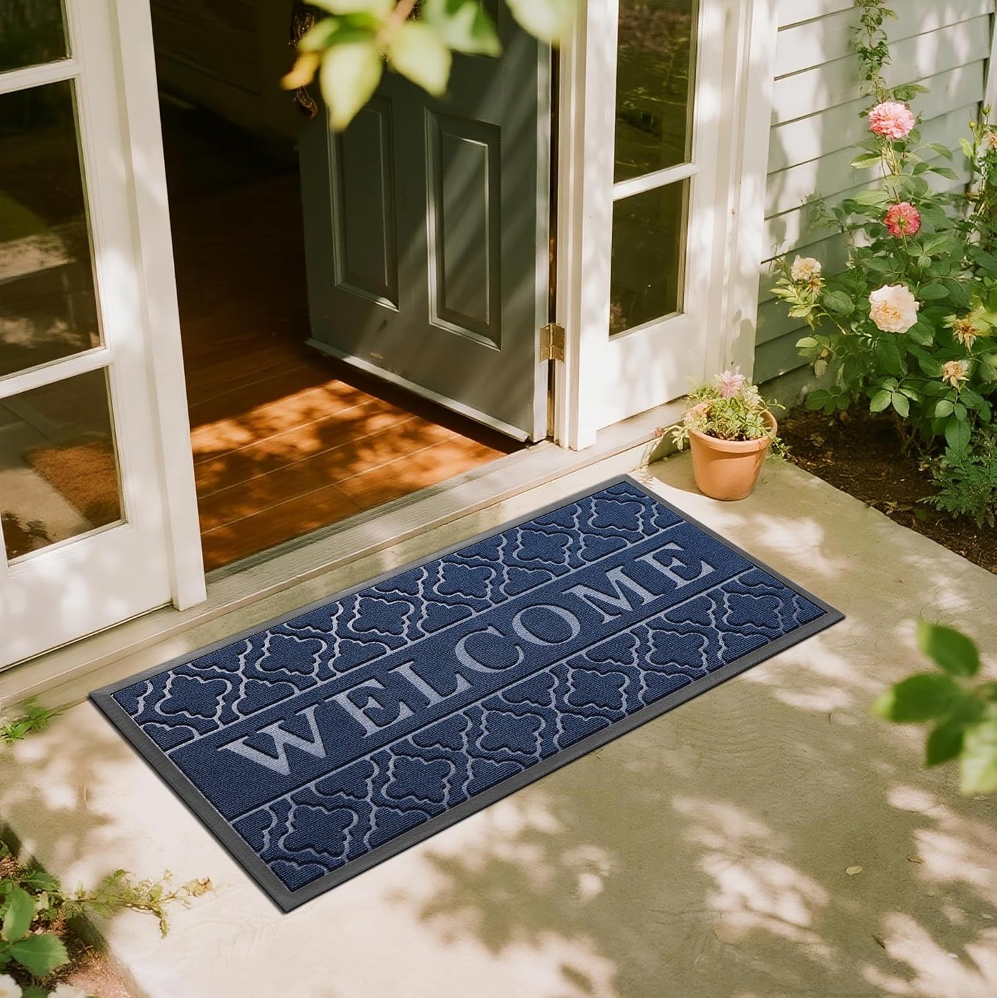 Yimobra Welcome Mat Outdoor Indoor, All-Weather Waterproof Front Door Mat Outside Entrance, Non-Slip Low Profile Porch Patio Doormat, 29.5x17, Black