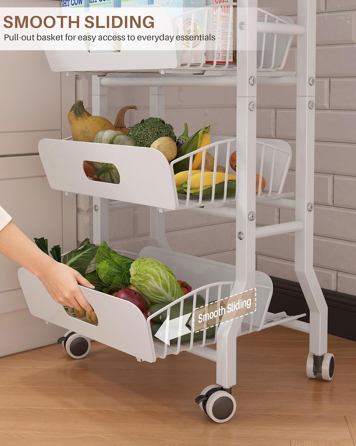4 Tier Slim Fridge Side Cart with Slide Track Pull Out Baskets, Rolling Metal Kitchen Gap Storage Trolley