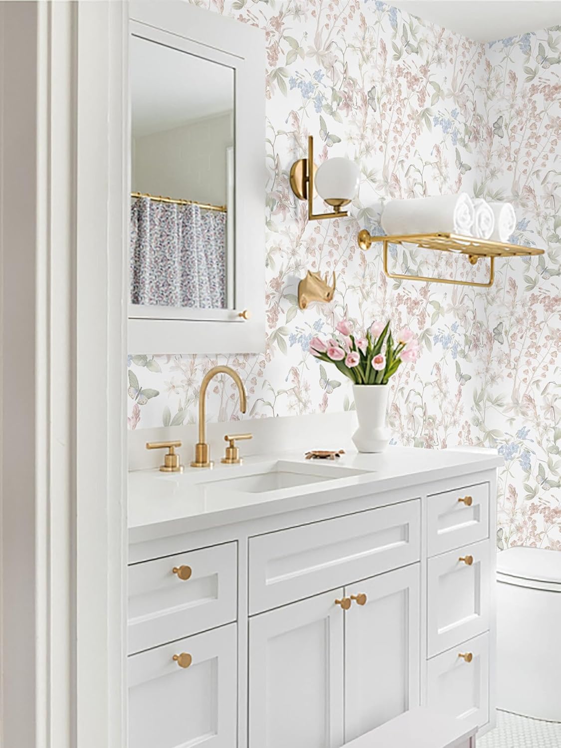 Dimoon 17.3''x78.7'' Vintage Peel and Stick Wallpaper Boho Beige Neutral Contact Paper White Floral Bird Wallpaper Removable Botanical Renter Friendly Modern Wall Paper Bedroom Bathroom Vinyl Roll