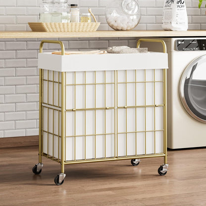 2 Section Laundry Hamper with Wheels and Brake, 100L Laundry Sorter Cart with 2 Removable Liner Bags, Metal Handle, Rolling Laundry Basket for Bedroom Laundry Room