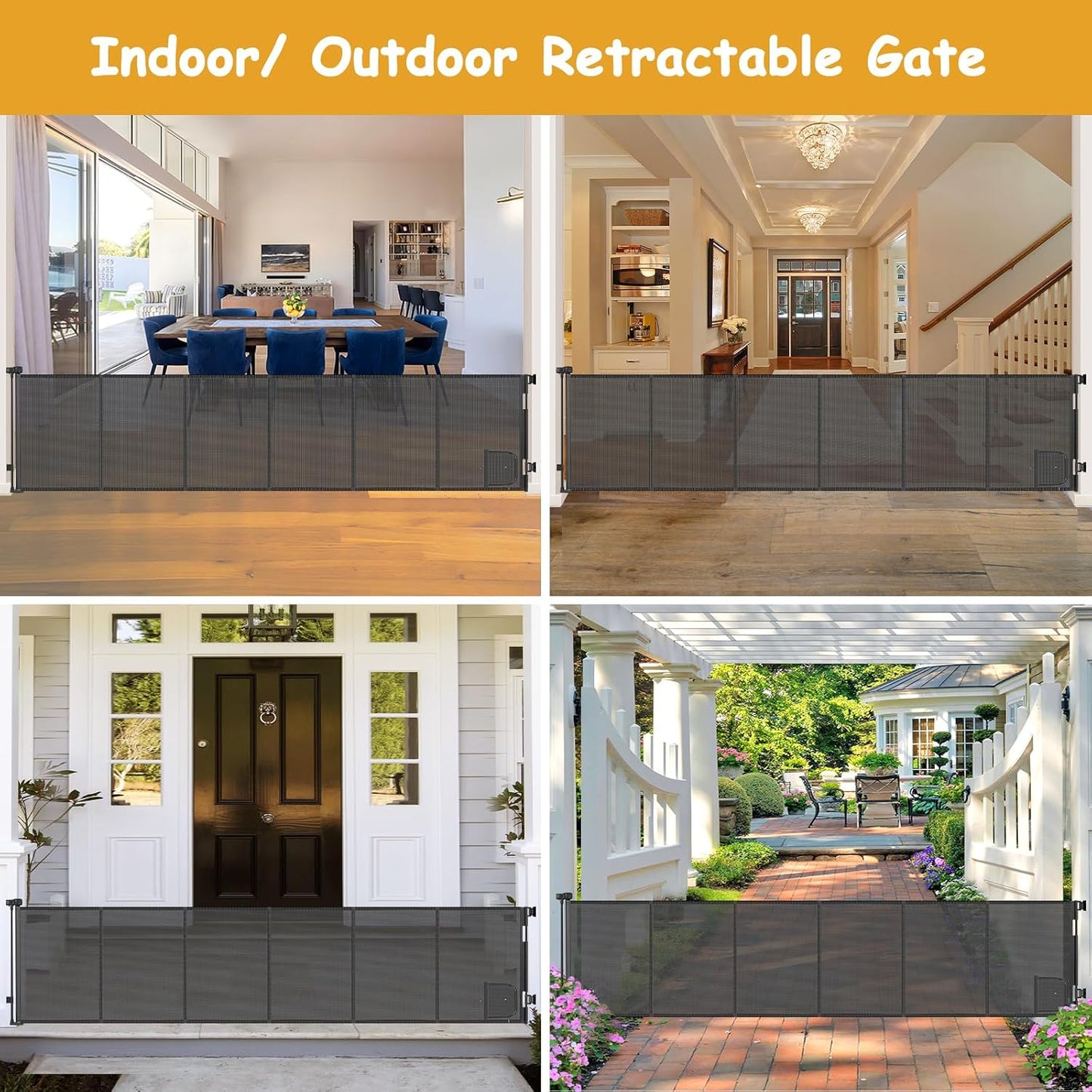 Reinforced 150” Extra Wide Pet Gate with Door 37 Inch Tall Retractable Dog Gates for Doorways Extra Wide Baby Gates for Large Openings with Reinforced Strips 12.5ft Large Dog Gate with Cat Door, White