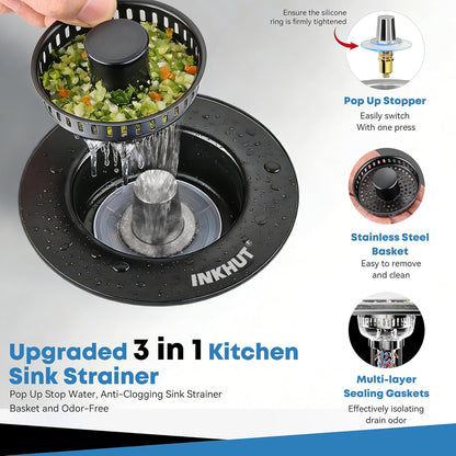 Upgraded 3 in 1 Kitchen Sink Drain Strainer - Stainless Steel Sink Stopper, Anti-Clogging Sink Food Catcher Basket, Fast Drainage Odor Filter Sink Plug for US Standard 3 1/2 inch Drain (Silver-1Pack)