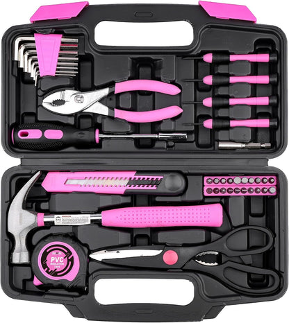 DOWELL 40 Pieces Home Tool Set Pink, General Household Hand Tool Kit with Plastic Toolbox Storage Case, Mini Repair Tool kit for Women, College Students, Home Use & More