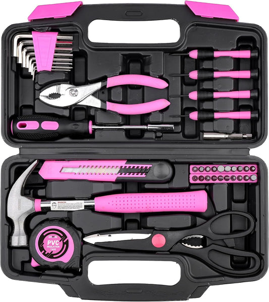 DOWELL 40 Pieces Home Tool Set Pink, General Household Hand Tool Kit with Plastic Toolbox Storage Case, Mini Repair Tool kit for Women, College Students, Home Use & More